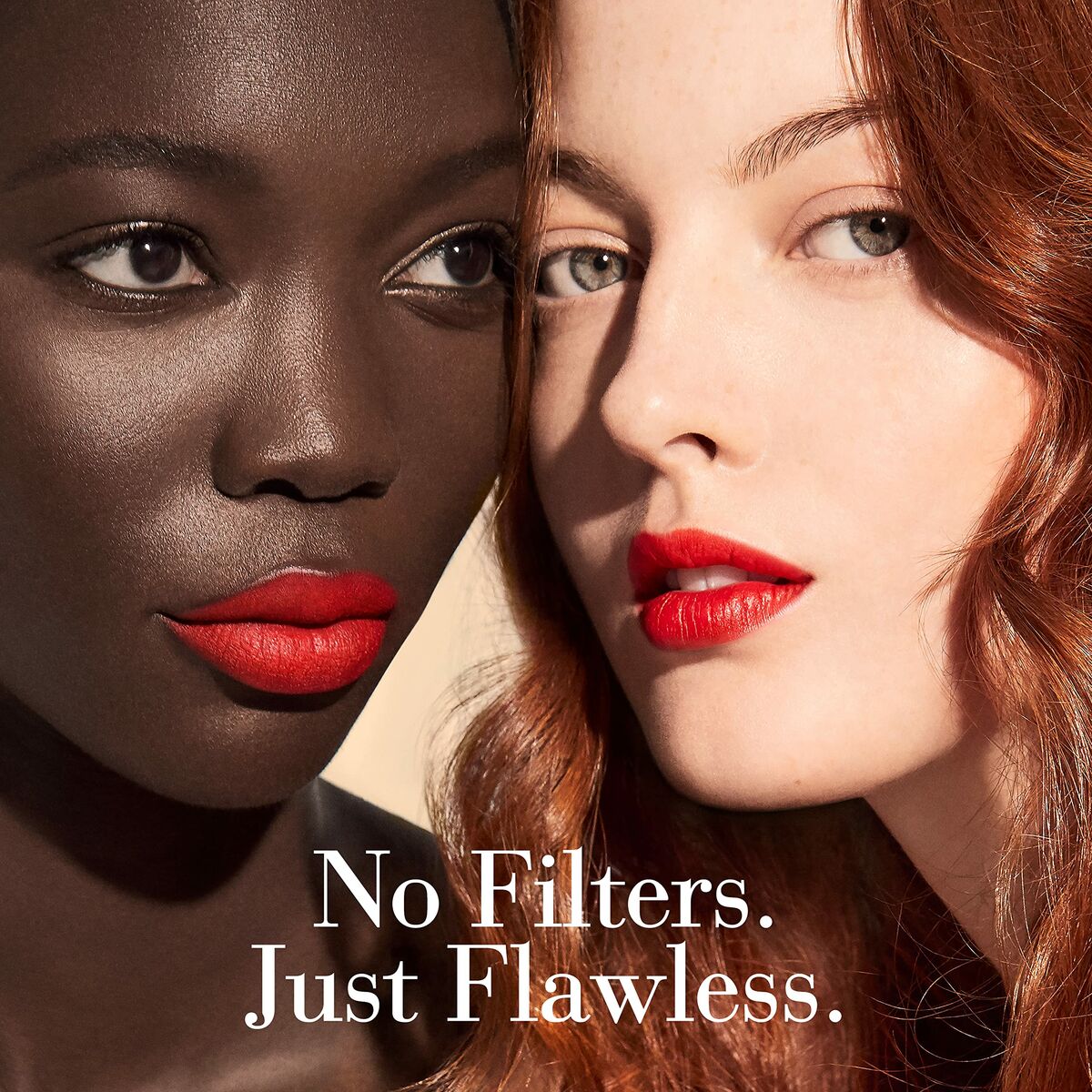 Two women with flawless skin showcasing vibrant red lips, promoting beauty without filters.