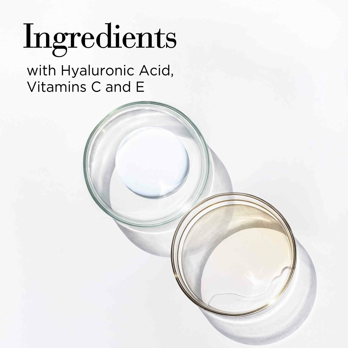 Two jars showcasing ingredients with Hyaluronic Acid, Vitamins C and E for skincare.