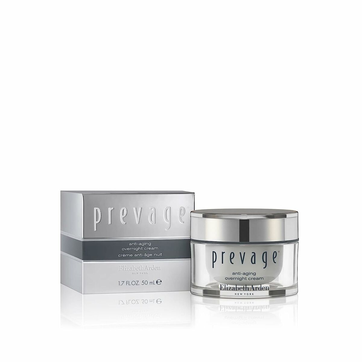 Crème anti-âge de nuit Elizabeth Arden Prevage 50 ml en pot avec emballage élégant.