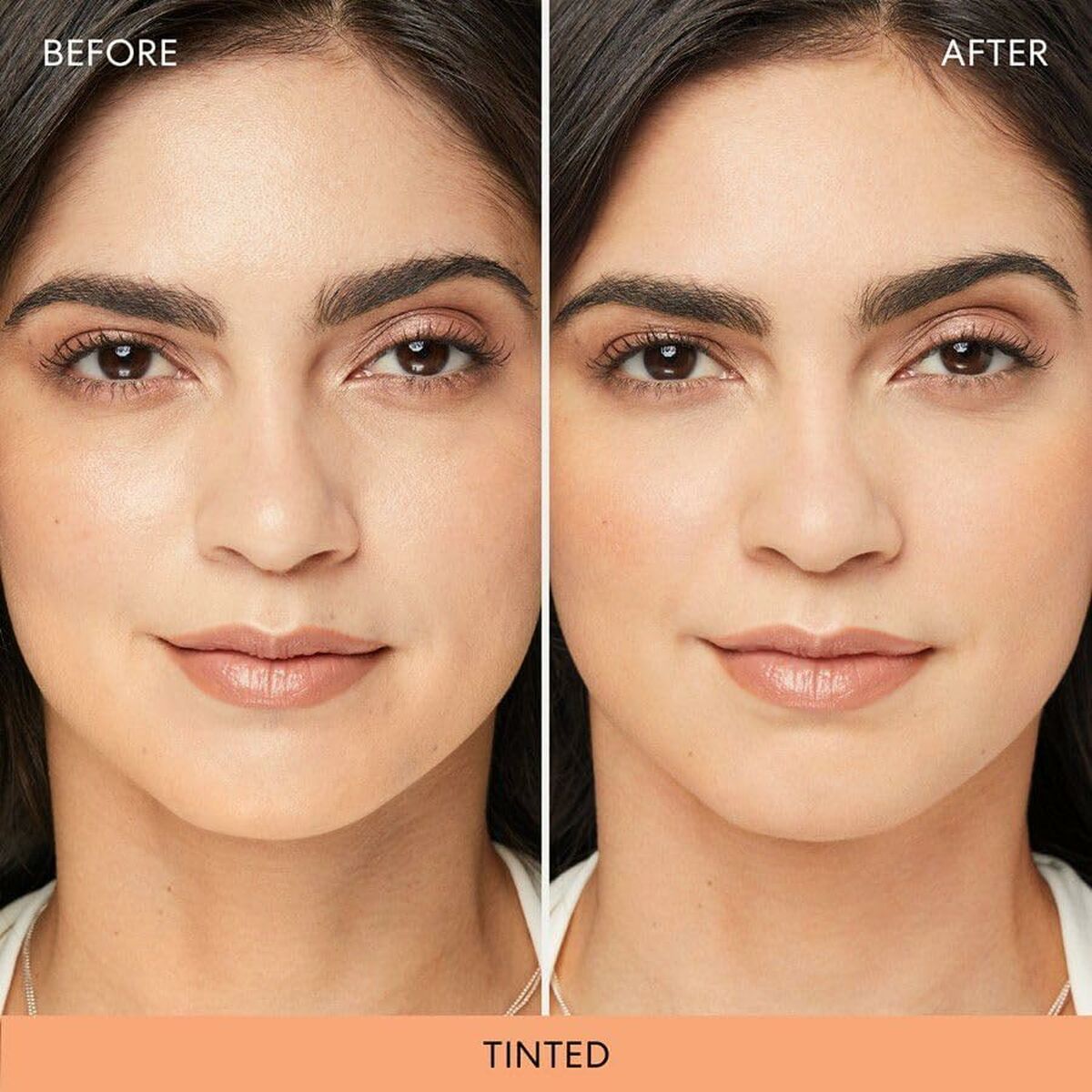 Before and after comparison of facial correction using Shine Inline Mineral Veil, showing enhanced skin tone and appearance.