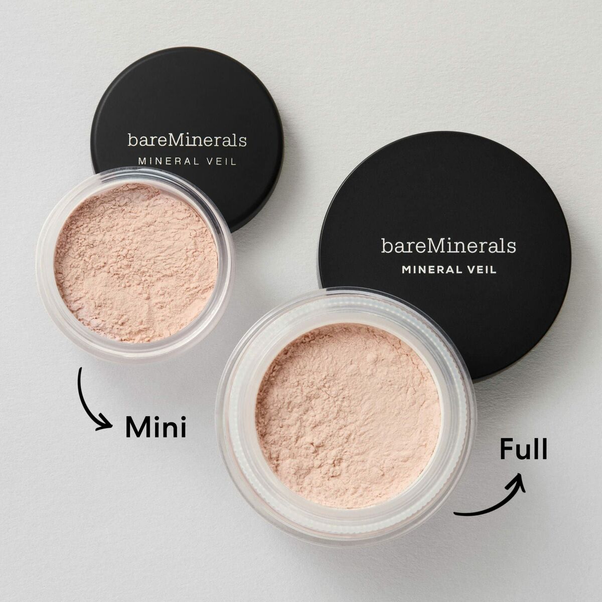 bareMinerals Mineral Veil packaging showcasing mini and full sizes, ideal for flawless skin.