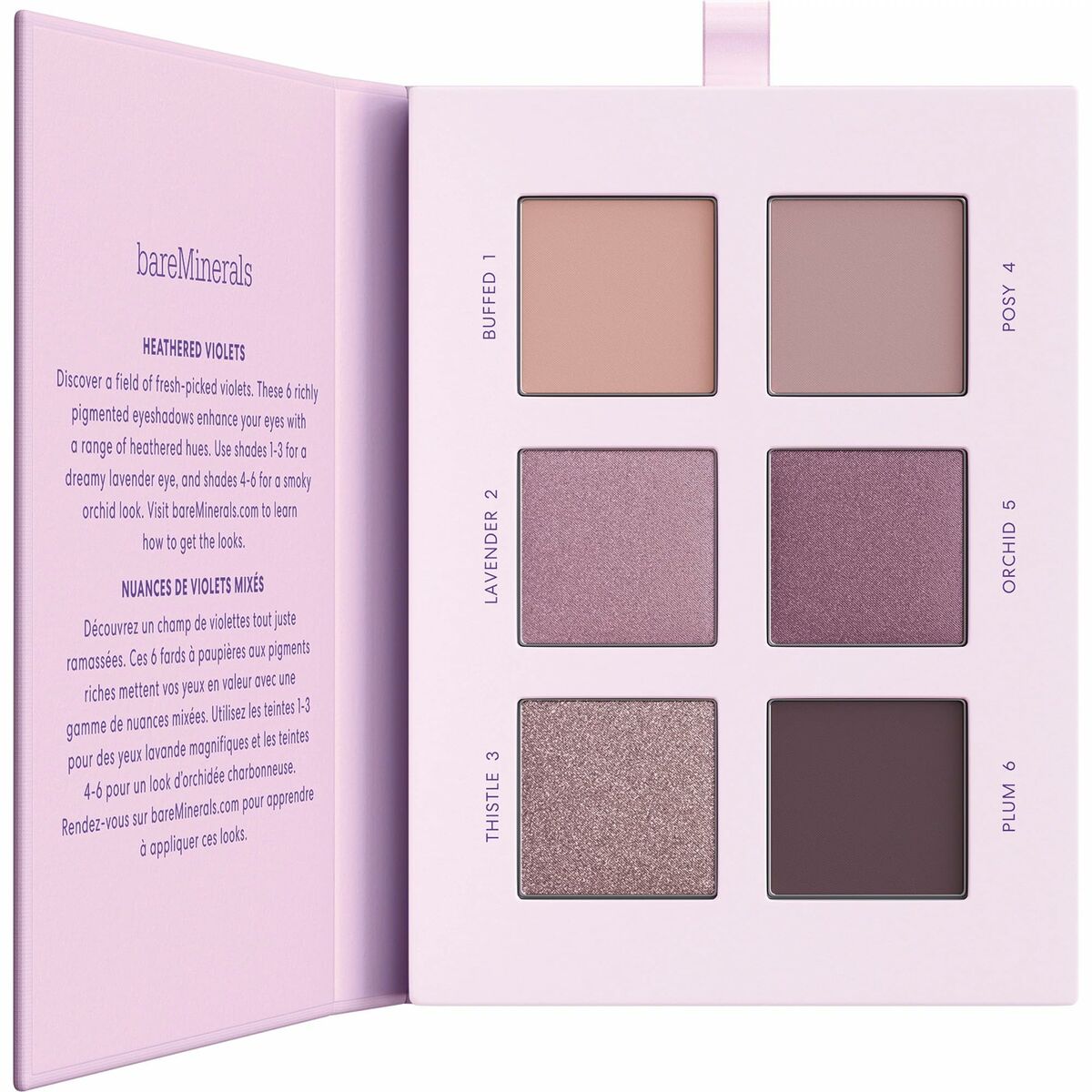 open eyeshadow palette featuring six shades: Buffed, Lavander, Thistle, Posey, Orchid, and Plum by bareMinerals.