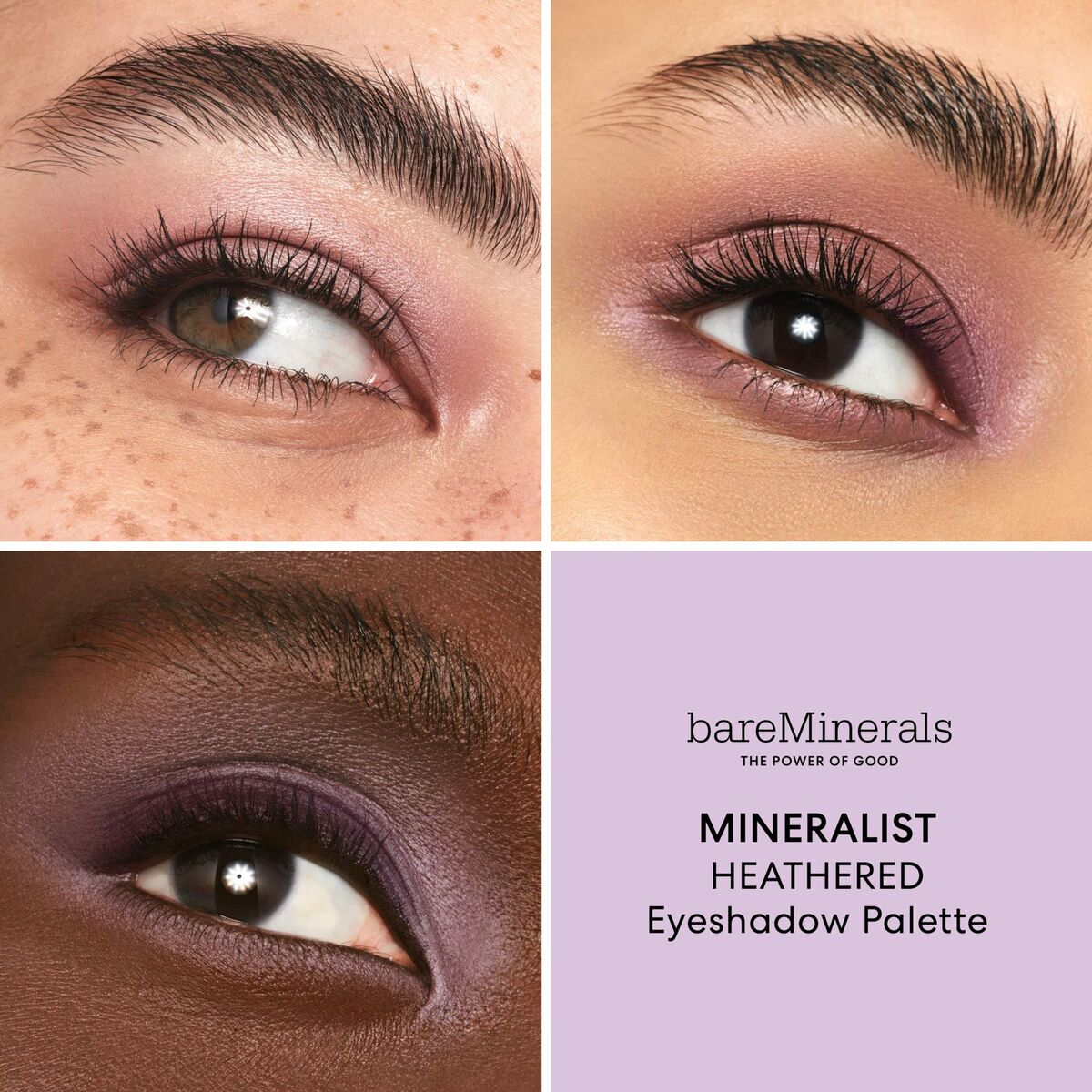 Close-up of diverse eyes showcasing the bareMinerals Mineralist Heathered Eyeshadow Palette with soft purple tones.