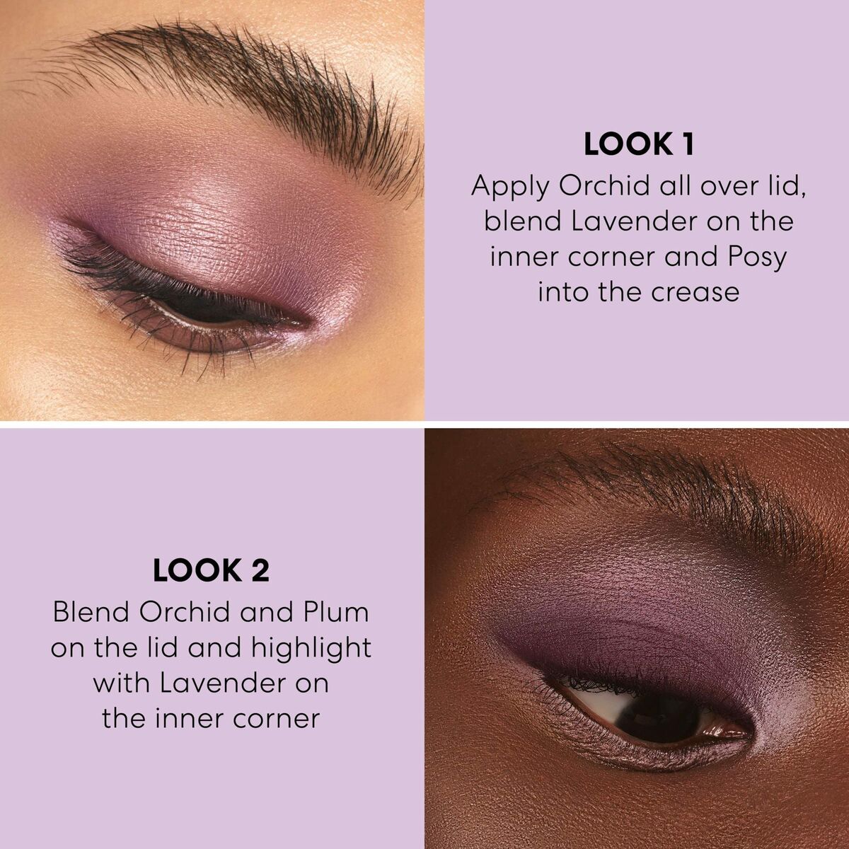Eye makeup tutorial with two looks using Orchid, Lavender, and Plum shades on model's eyelids.
