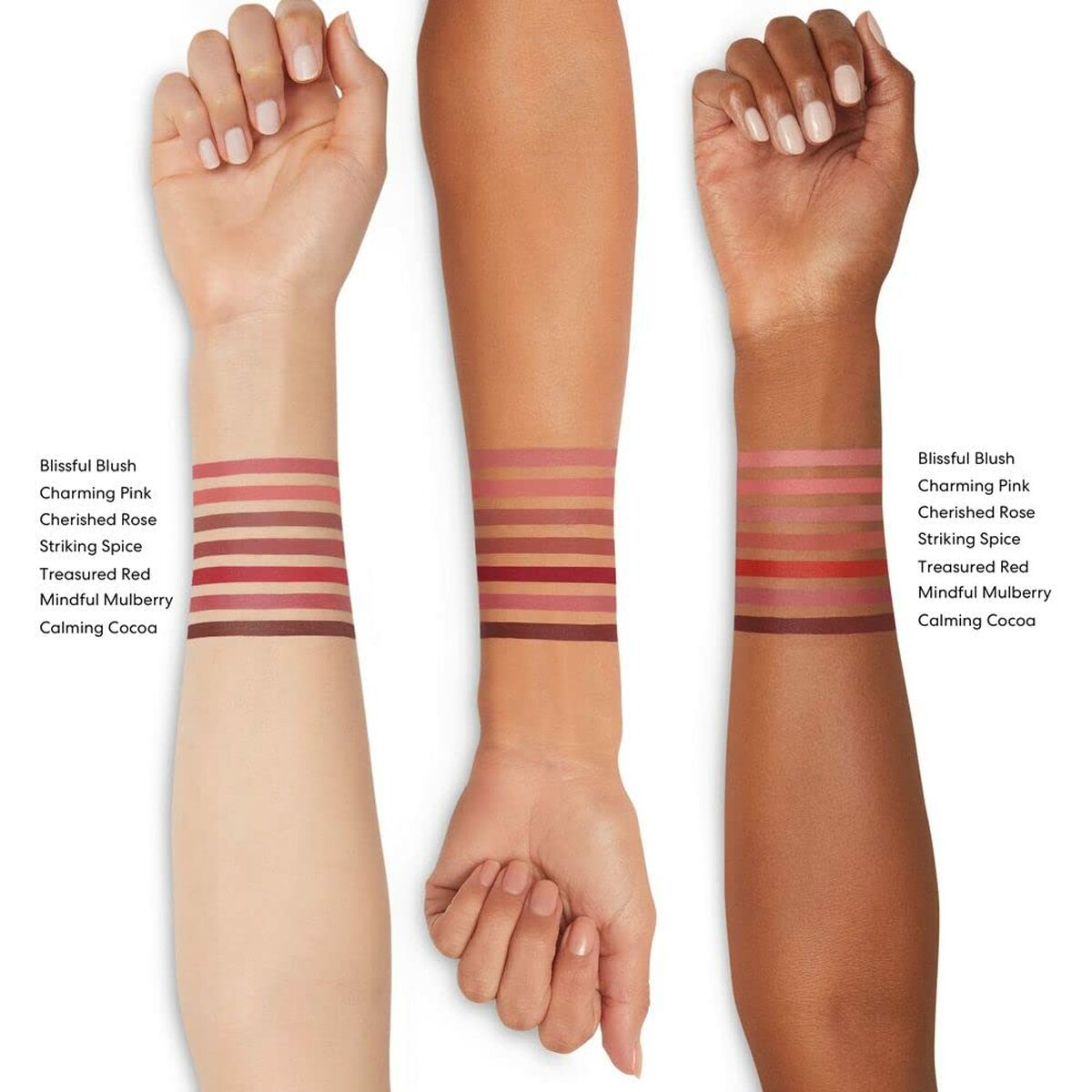 Swatches of bareMinerals lip shades on different skin tones: Charming Pink, Blissful Blush, and more.