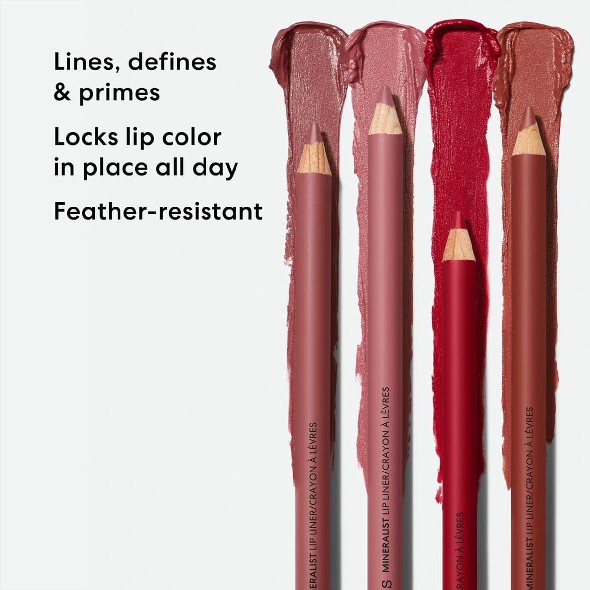 bareMinerals lip pencils in various shades; defines, primes, and locks color all day, feather-resistant formula.