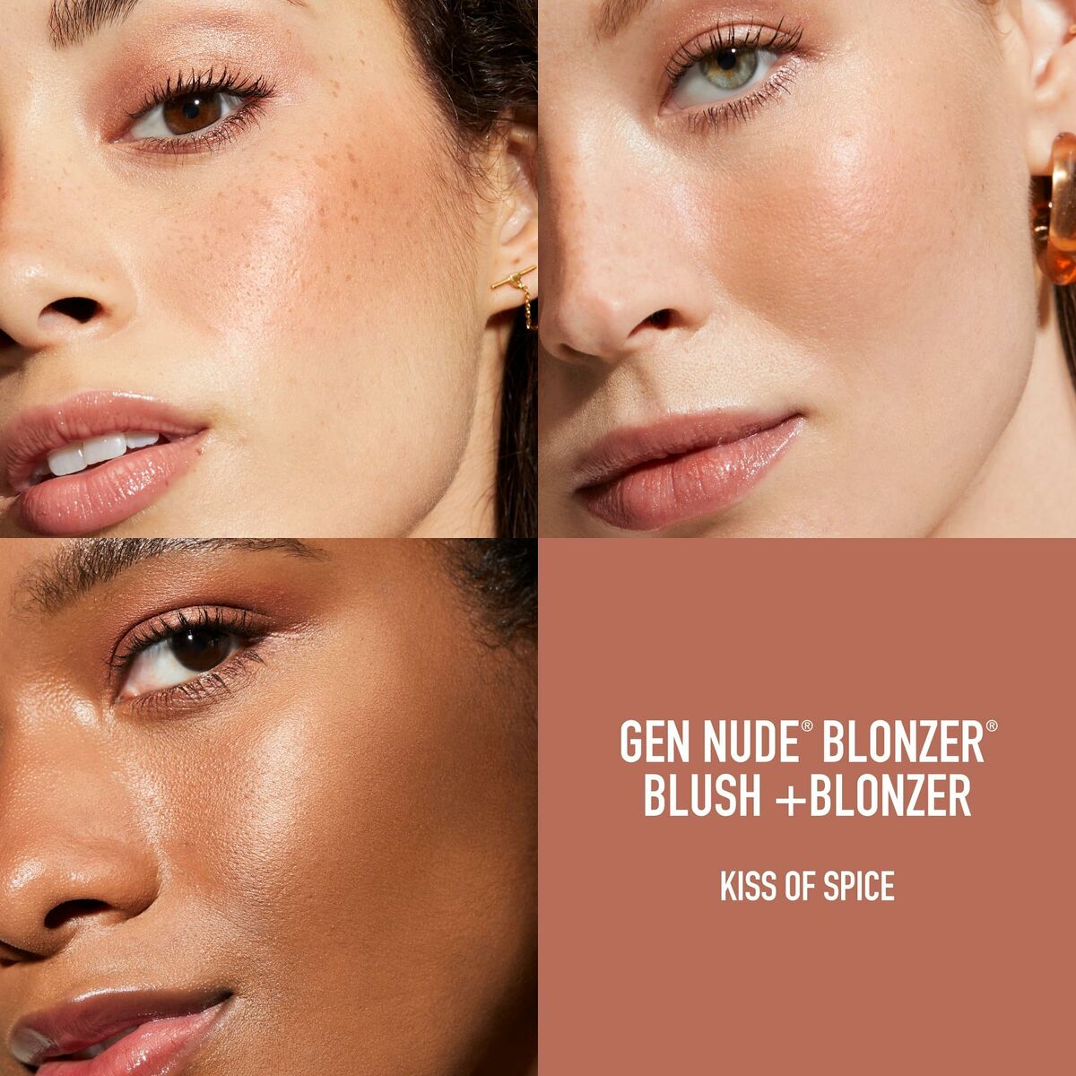 Four beauty shots of diverse women showcasing Gen Nude Blonzer Blush in Kiss of Spice by bareMinerals.