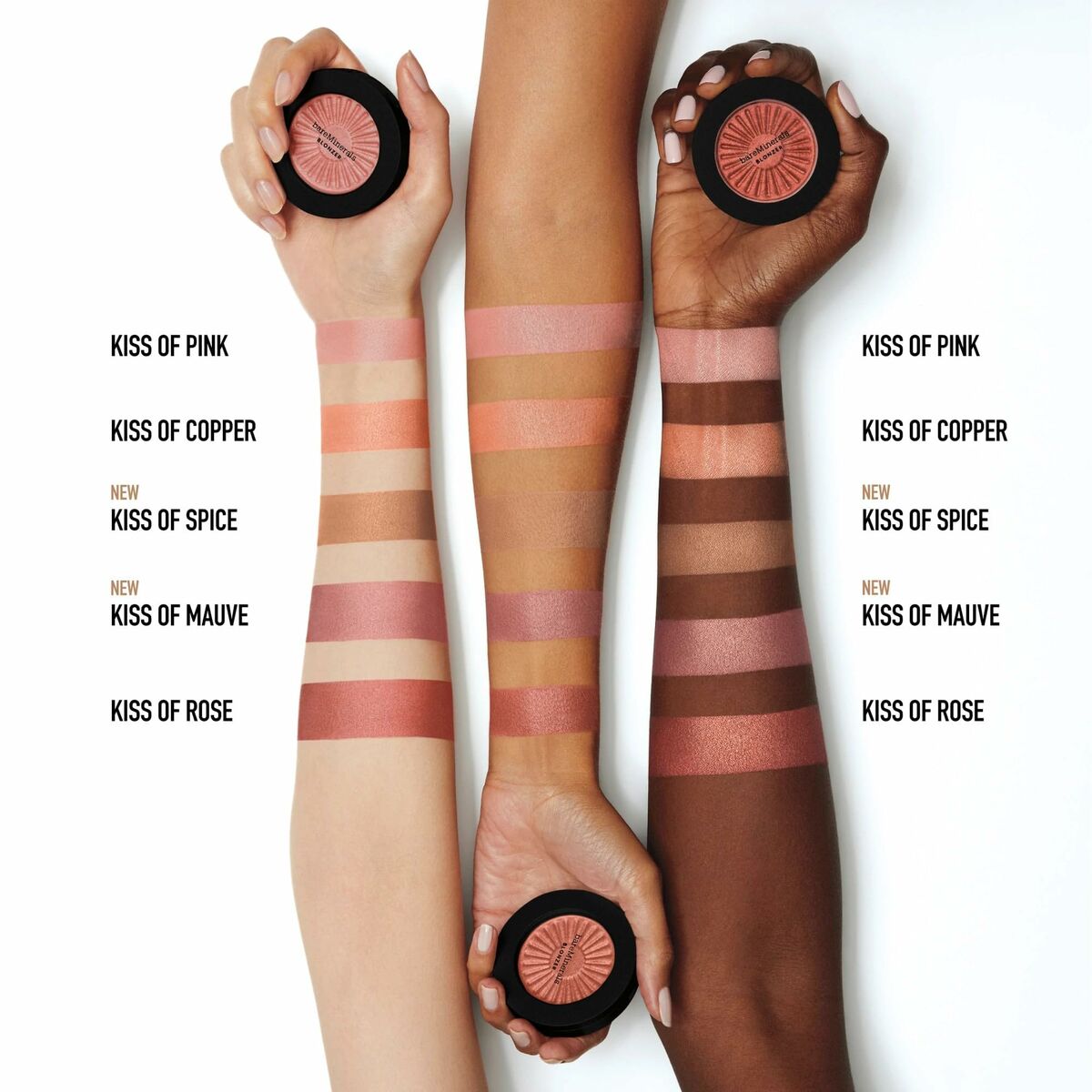 Diverse skin tones showcasing swatches of makeup shades: Kiss of Pink, Copper, Spice, Mauve, and Rose on arms.
