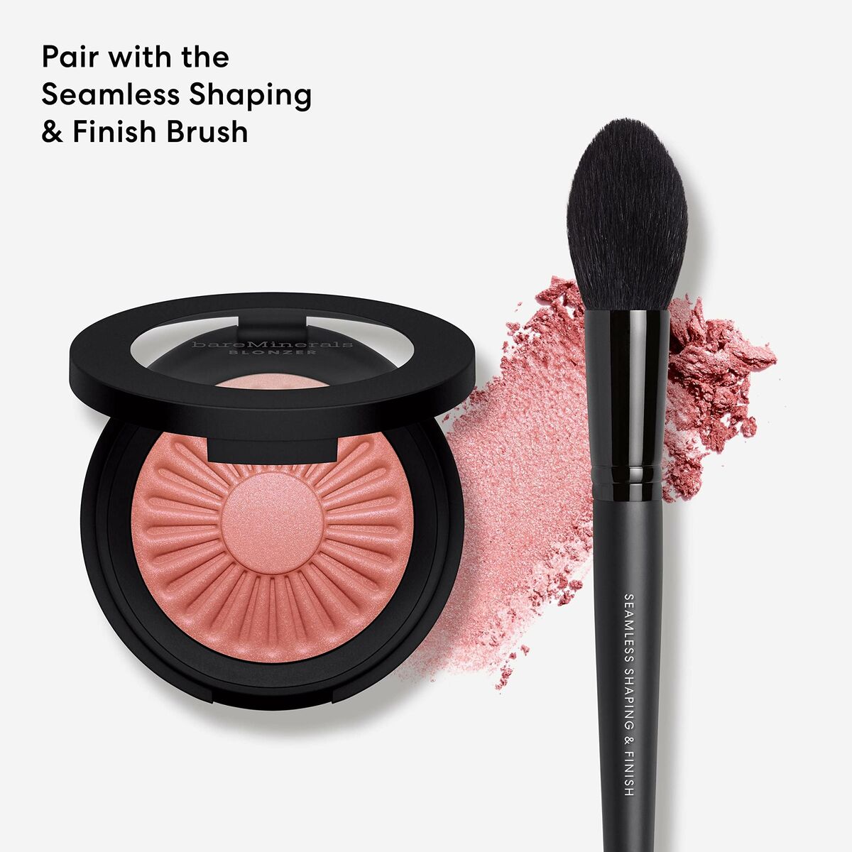 bareMinerals blush compact with pink powder and Seamless Shaping & Finish Brush for flawless application.