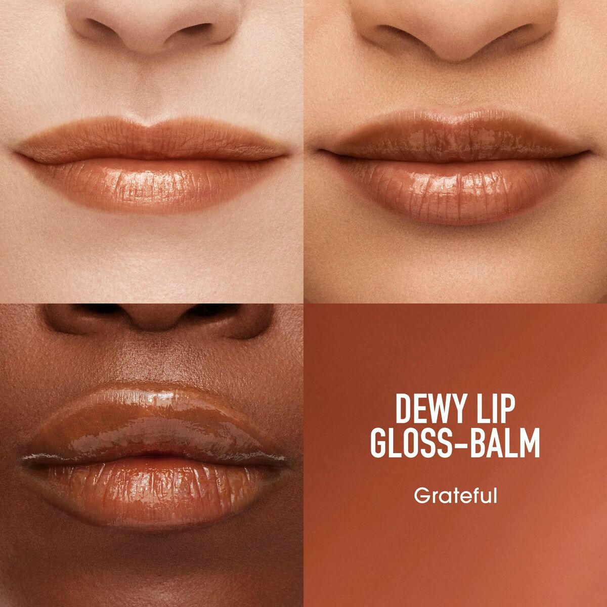 BareMinerals DEWY LIP Gloss-Balm in Grateful showcased on diverse lips, highlighting its luscious color and shine.
