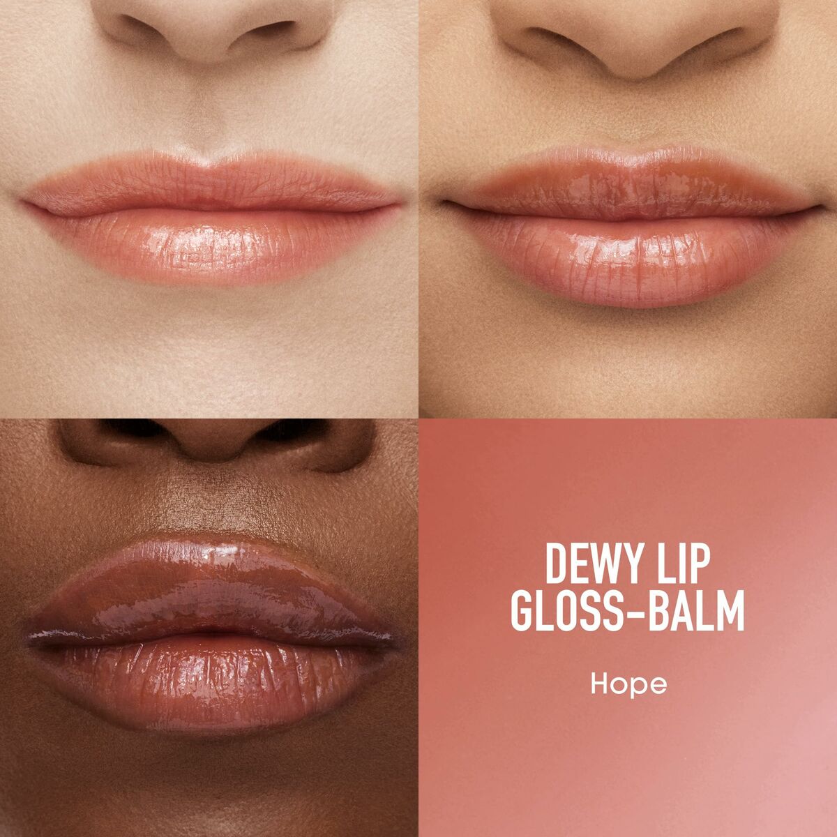 bareMinerals DEWY LIP Gloss-Balm in Hope showcasing different skin tones with a shiny orange hue.