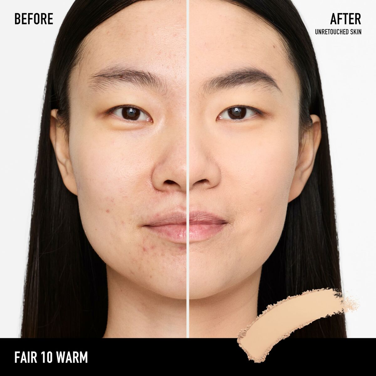 Before and after comparison of skin using bareMinerals BAREPRO foundation in Fair 10 Warm.