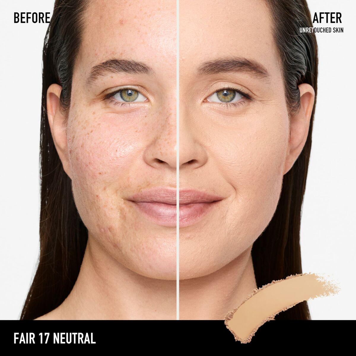 Before and after makeup results showing fair 17 neutral shade for an even skin tone.