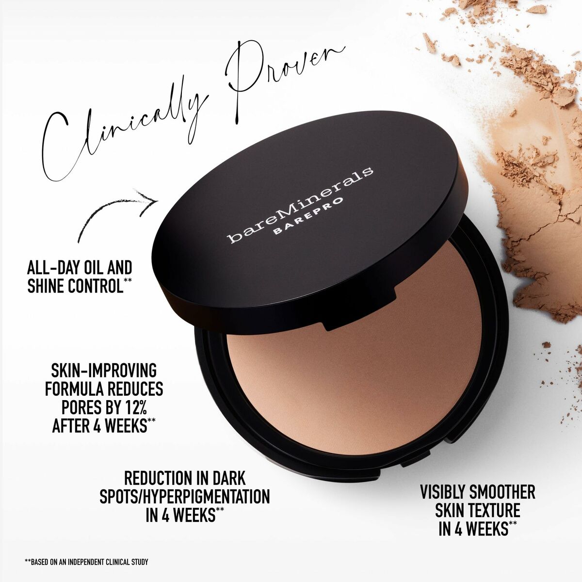 bareMinerals BAREPRO makeup set showcasing powder formula with benefits of oil control and skin texture improvement.