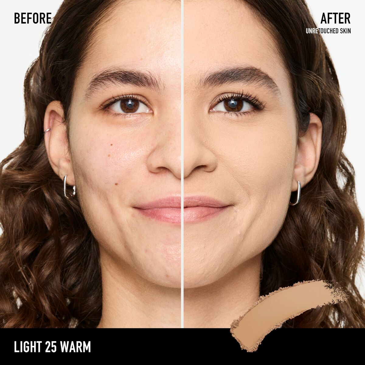 Before and after makeup transformation showing bareMinerals BAREPRO on unretouched skin with shade Light 25 Warm.