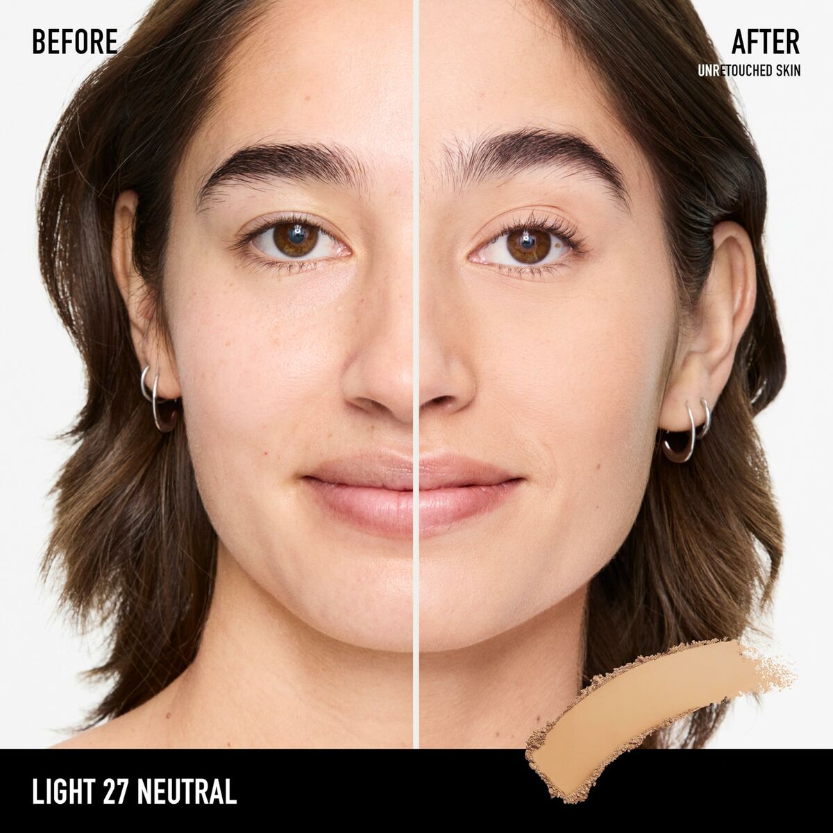 Before and after image demonstrating bareMinerals BAREPRO foundation on unretouched skin, showing natural coverage.