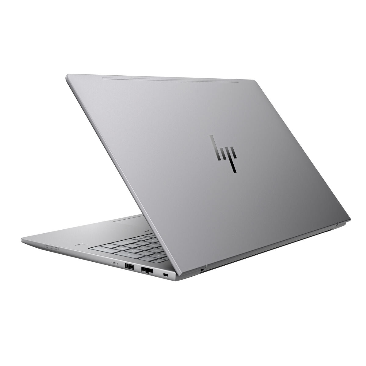 HP laptop in silver color showcasing sleek design from the rear view with visible ports and logo.