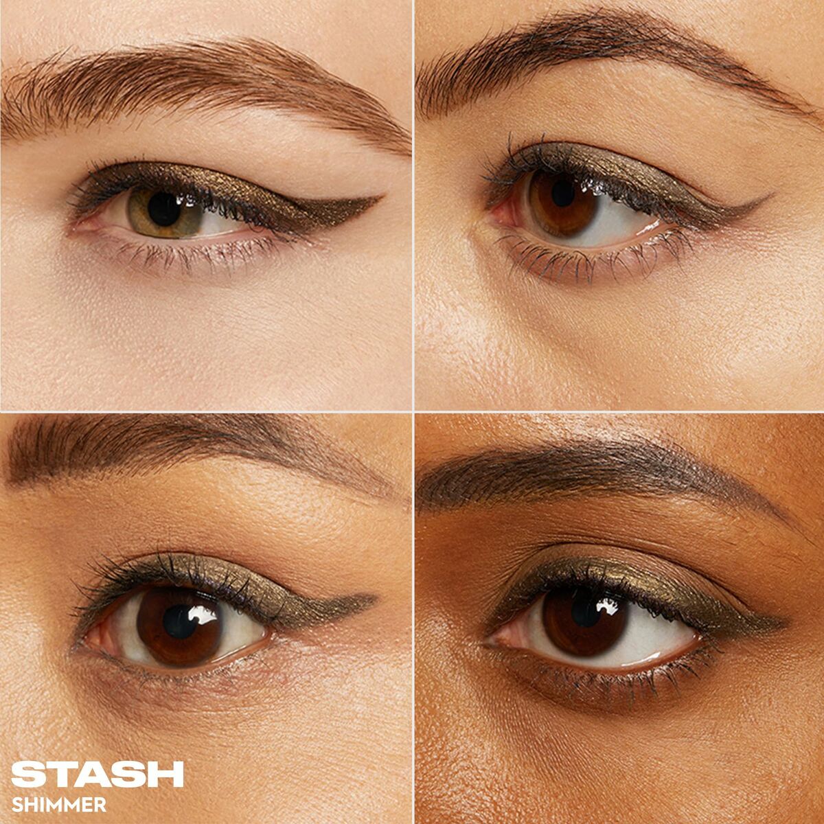 Close-up of four eyes showcasing the Urban Decay Glide On Stash corrector in shimmer finish.