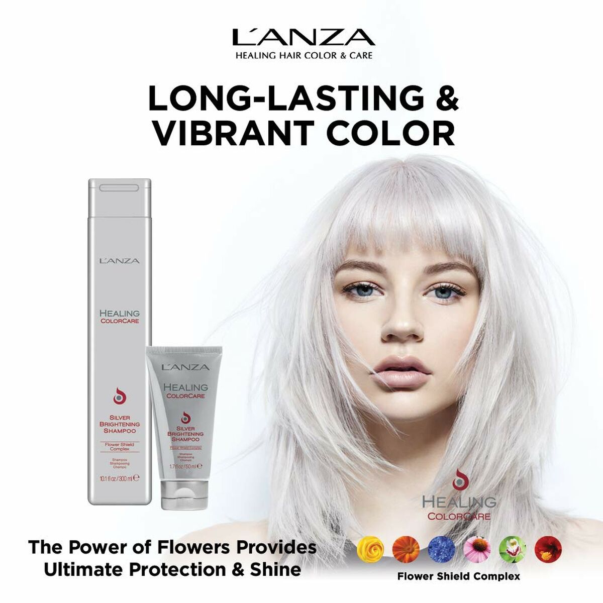 L'ANZA Healing ColorCare products with vibrant hair color and flower shield complex for ultimate protection.