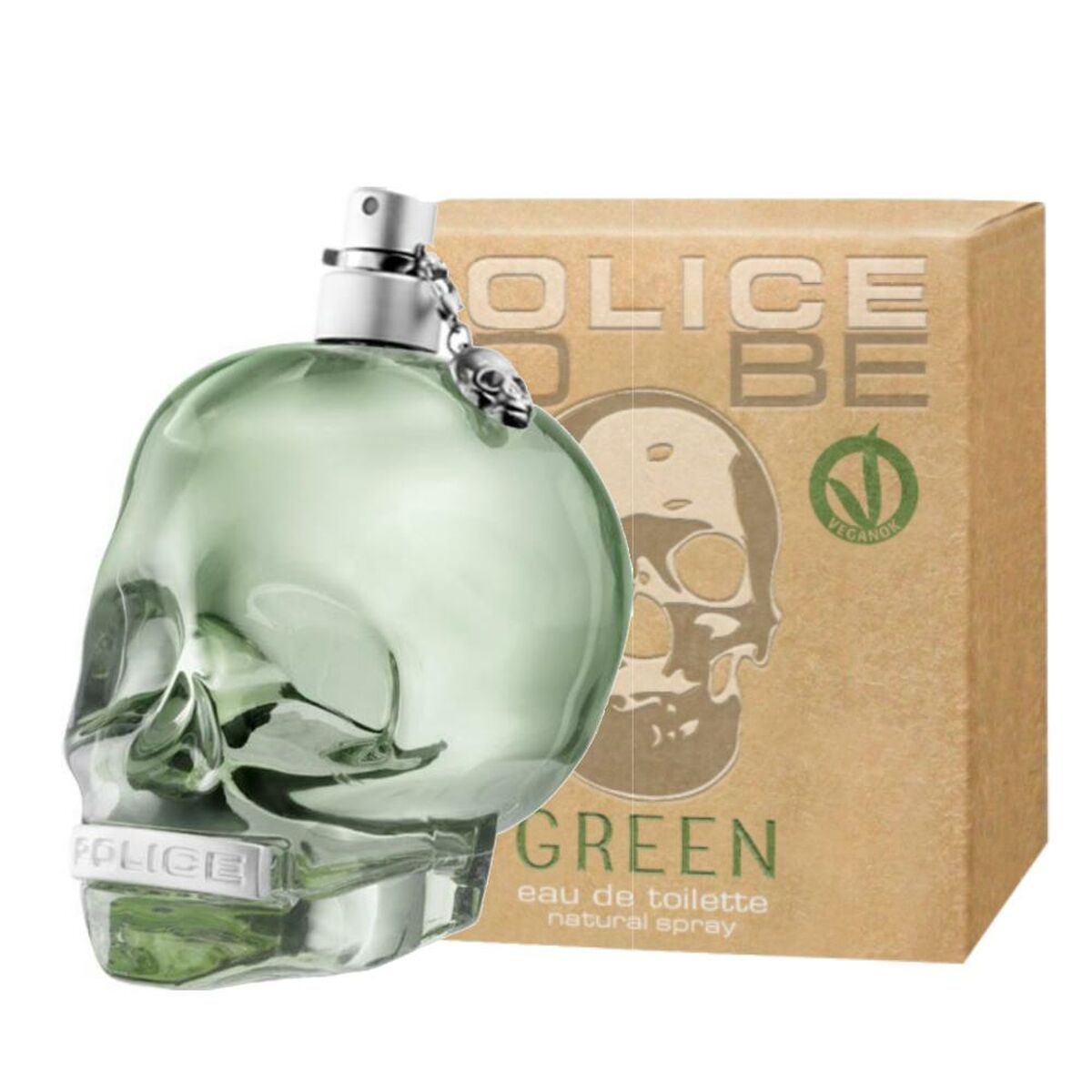 Parfum Unisexe Police To Be Green EDT 75 ml, flacon en forme de crâne, vert, dans son emballage.