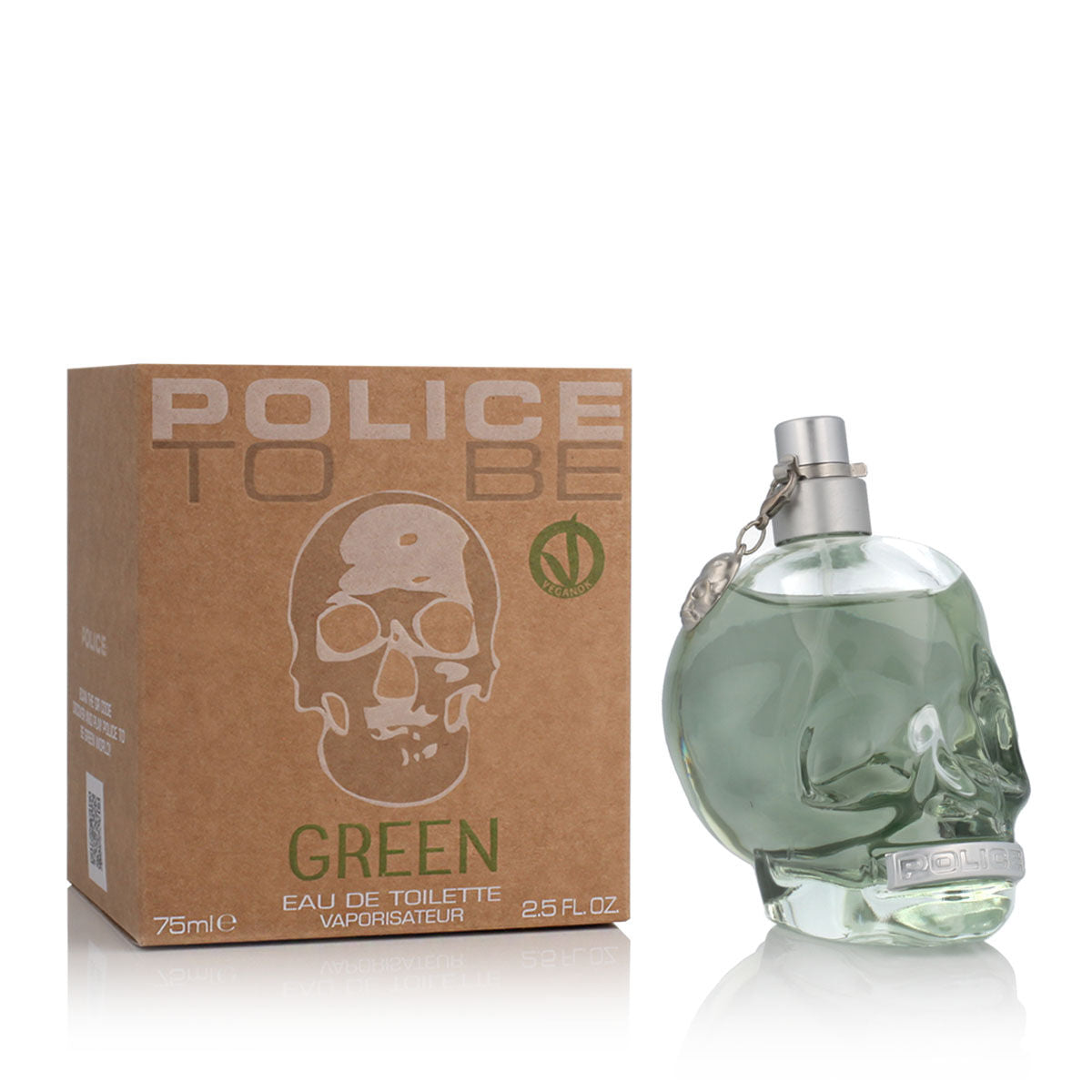 Parfum unisexe Police To Be Green EDT 75 ml avec emballage en boîte marron, design en forme de tête de mort.