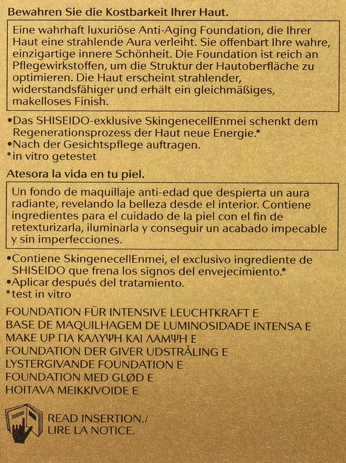 Shiseido Anti-Aging Foundation packaging with skincare benefits and luminous finish details, in multiple languages.
