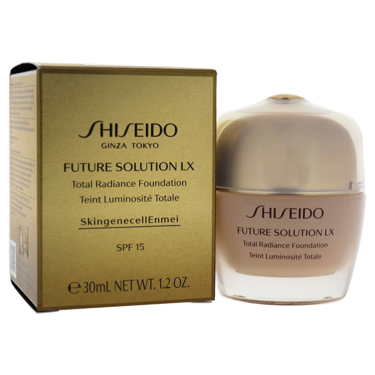 Shiseido Future Solution LX Total Radiance Foundation in gold packaging, 30ml, SPF 15, skincare and makeup blend.