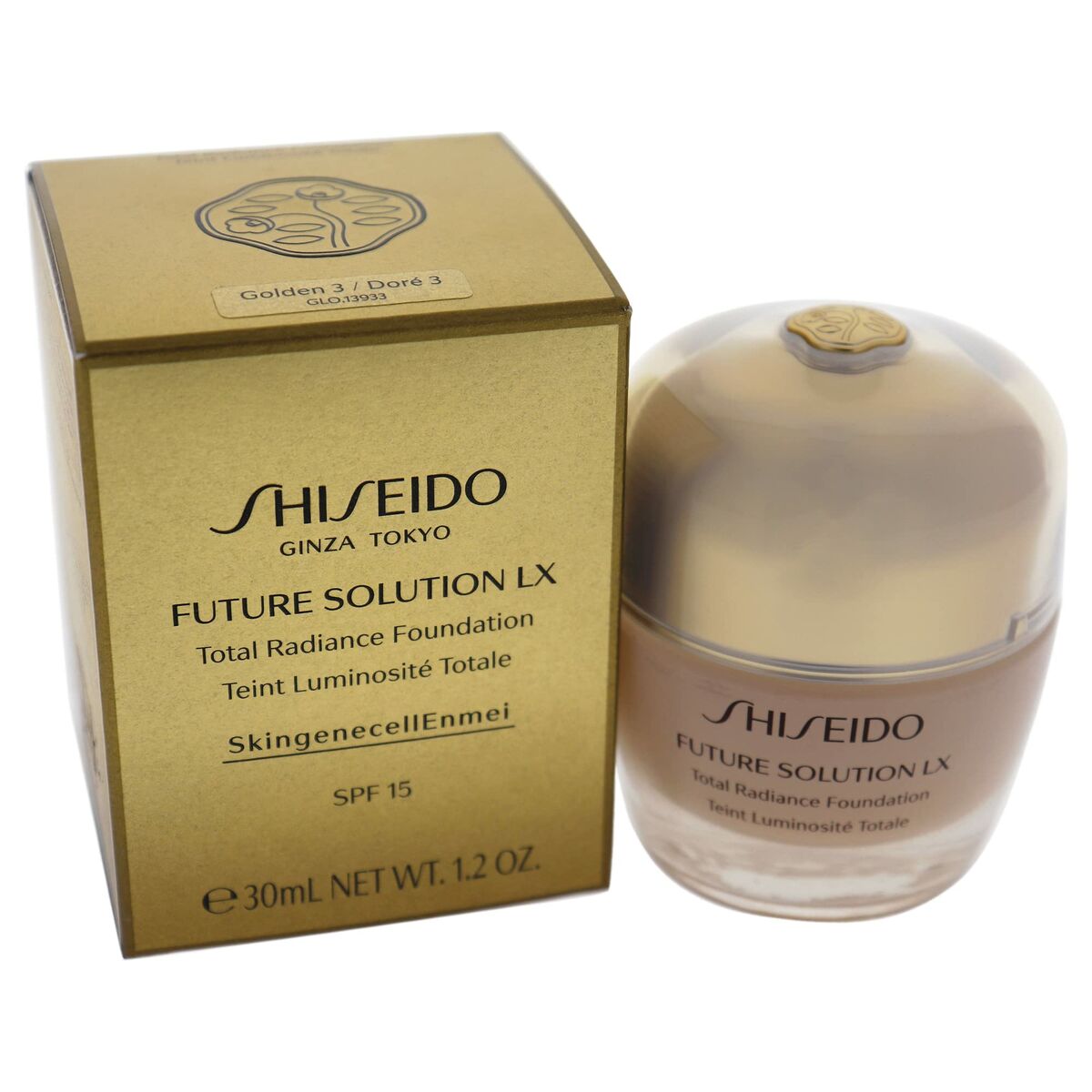 Shiseido Future Solution LX Total Radiance Foundation with SPF 15 in packaging, 30ml, Golden 3 shade.