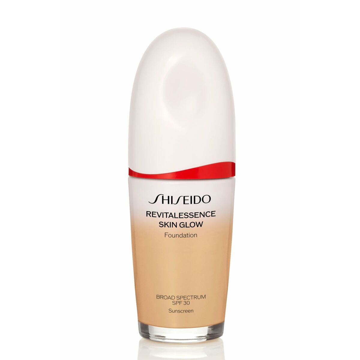 Shiseido Revitalessence Skin Glow Foundation Nº 320 30 ml in a sleek bottle with SPF 30 for a radiant complexion.