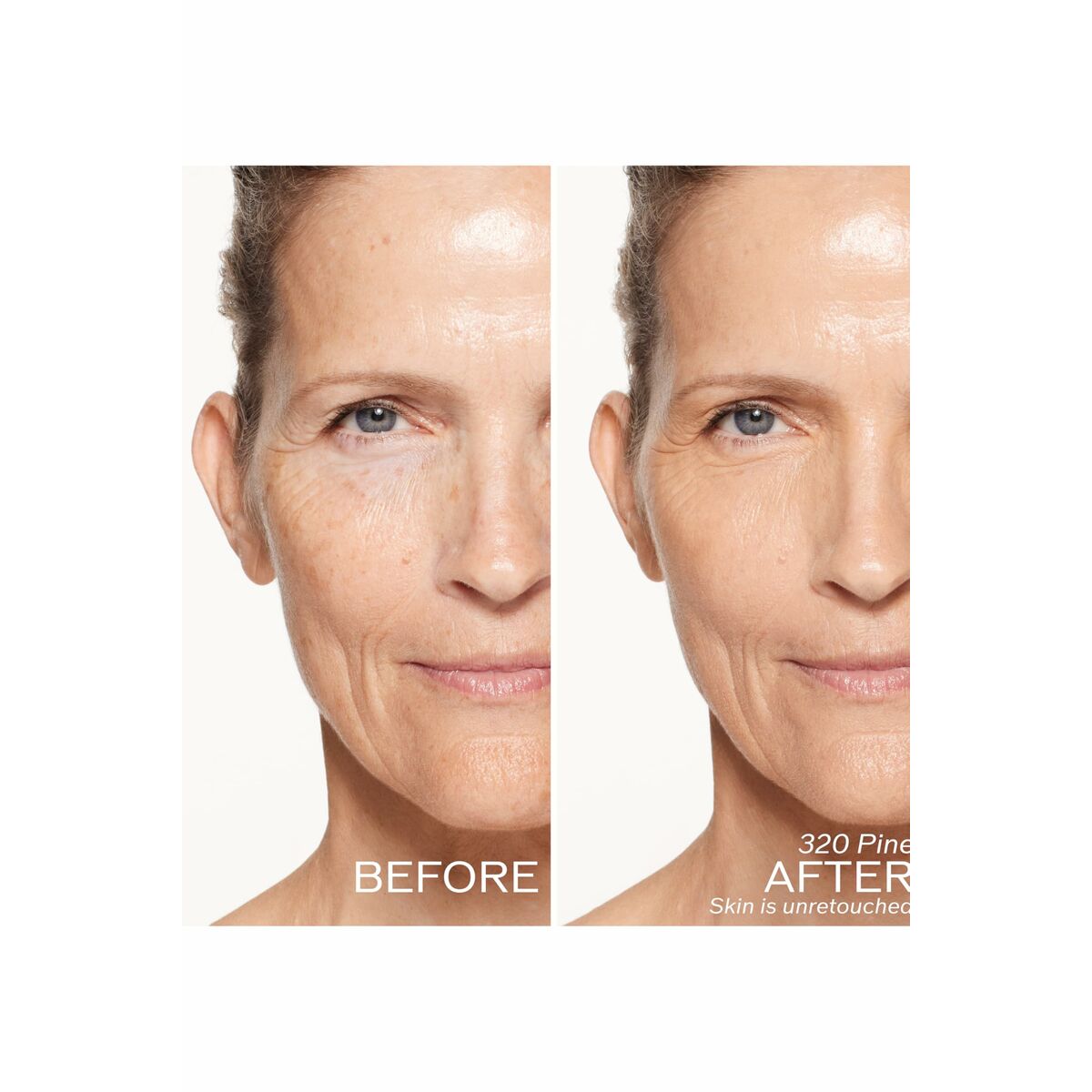 Before and after results of Shiseido Revitalessence Skin Glow Nº 320, showcasing skincare's effectiveness on unretouched skin.