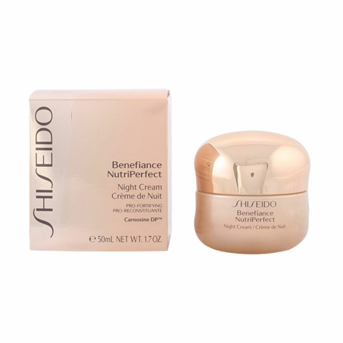 Crème antirides de nuit Shiseido 50 ml avec emballage, conçu pour tous types de peau, pour une beauté éclatante.