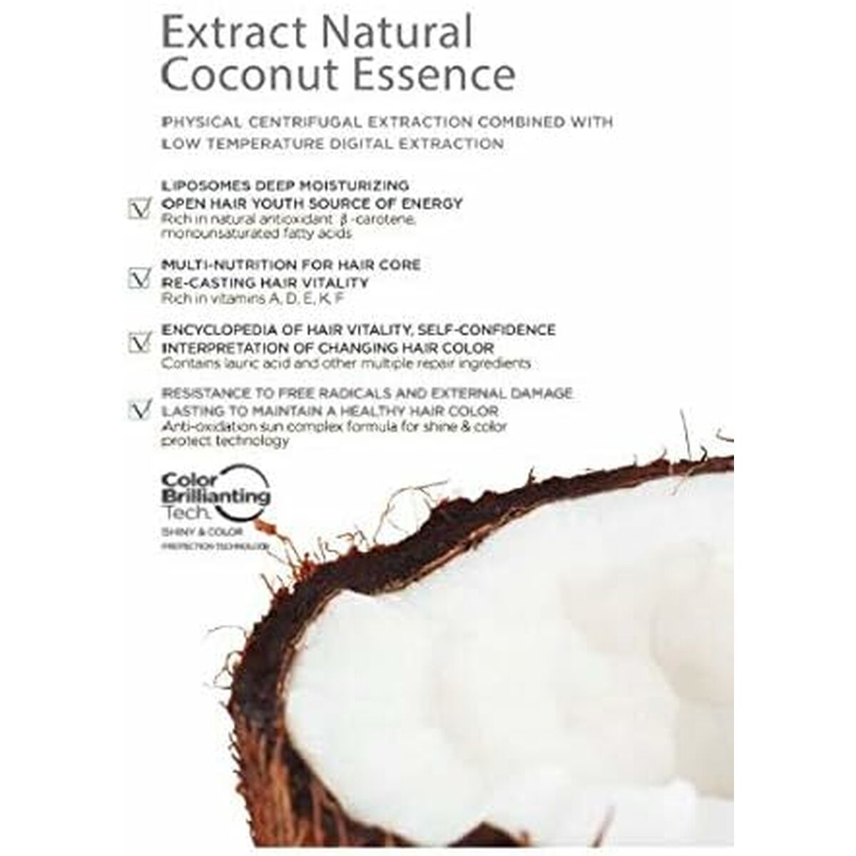 Product label for Extract Natural Coconut Essence highlighting moisturizing and hair vitality benefits.