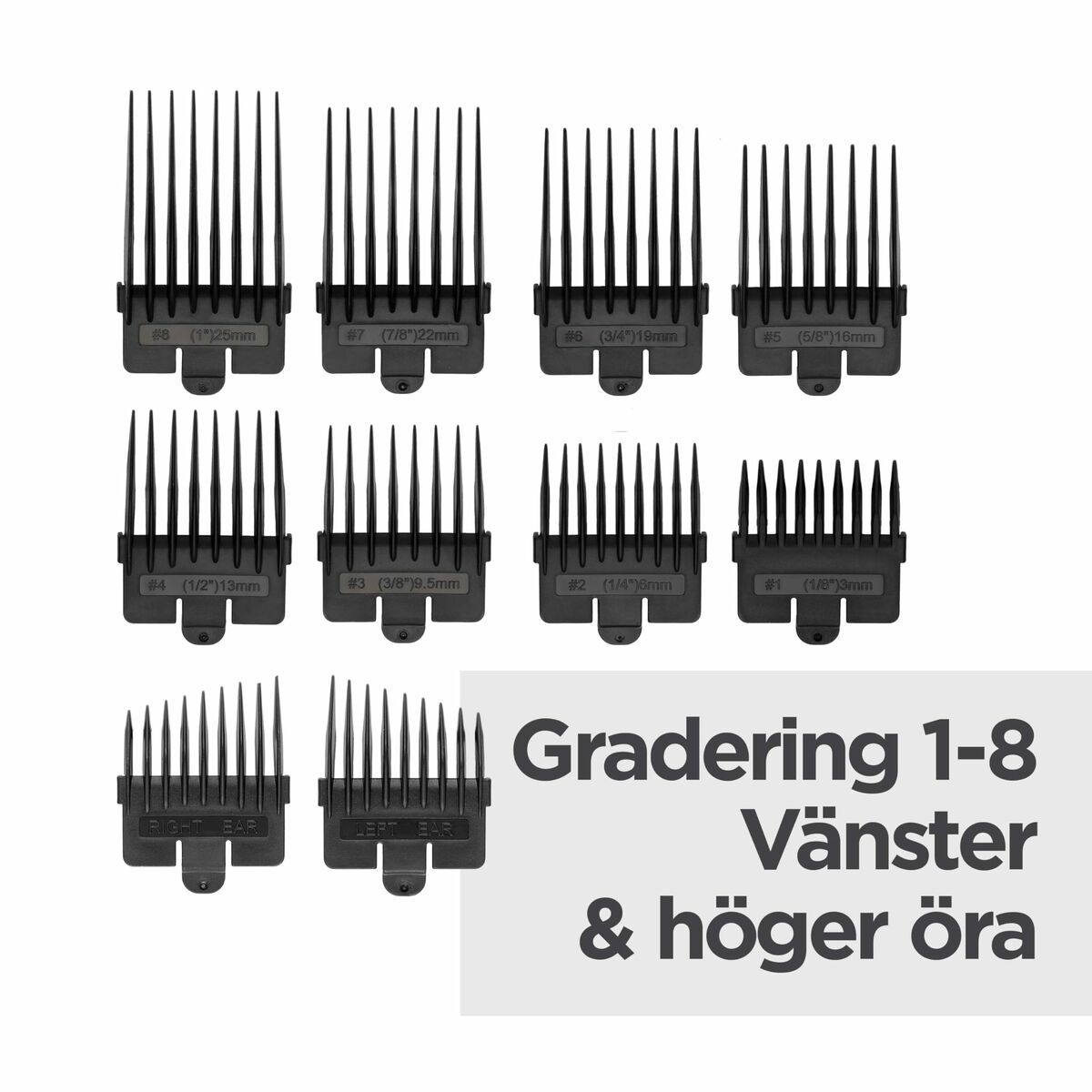 Set of hair clippers guards ranging from sizes 1-8, labeled for left and right ear use.
