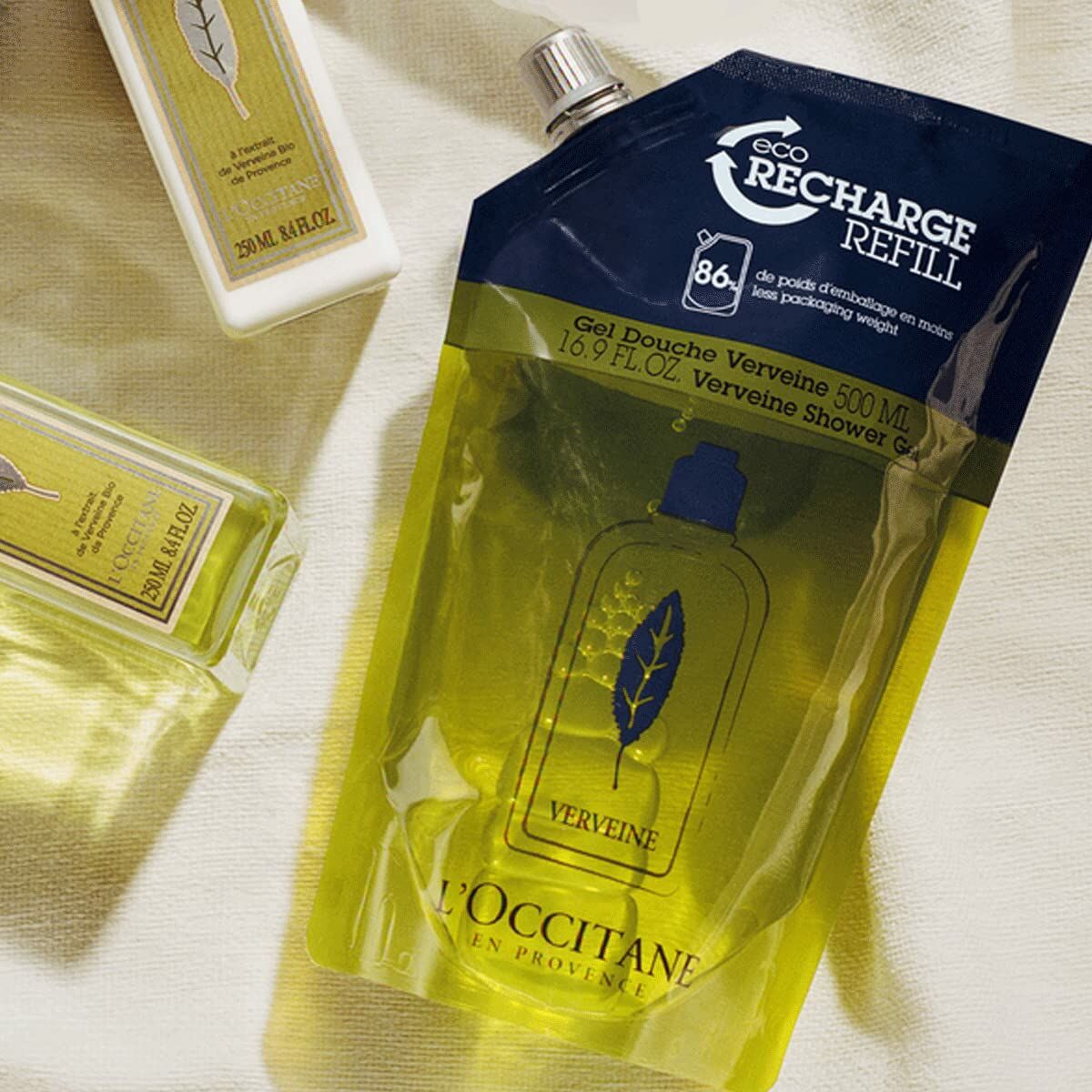 Gel de douche L'Occitane En Provence Verbena 500 ml recharge pouch, eco-friendly packaging for refreshing clean.