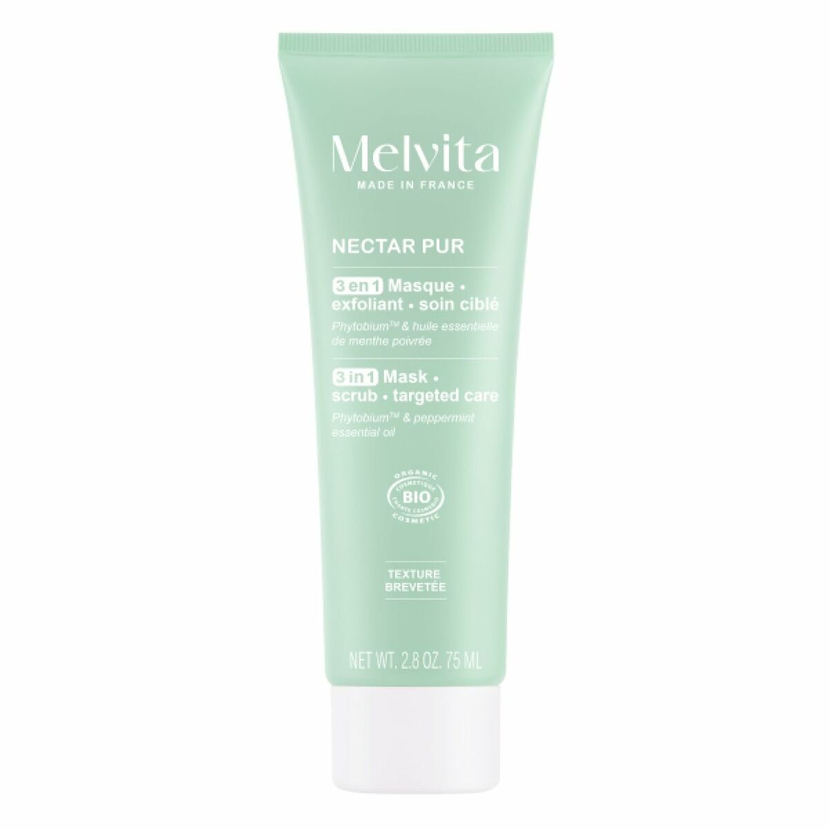 Gel nettoyant visage Melvita Nectar Pur 3 en 1, 75 ml, peau saine, exfoliant naturel, soin bio, made in France.