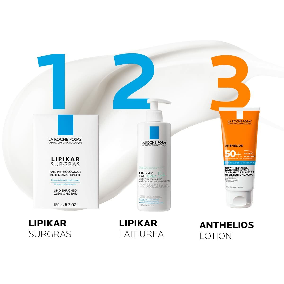 La Roche-Posay Lipikar Surgras, Lait Urea, and Anthelios Lotion, skincare products for hydration and sun protection.