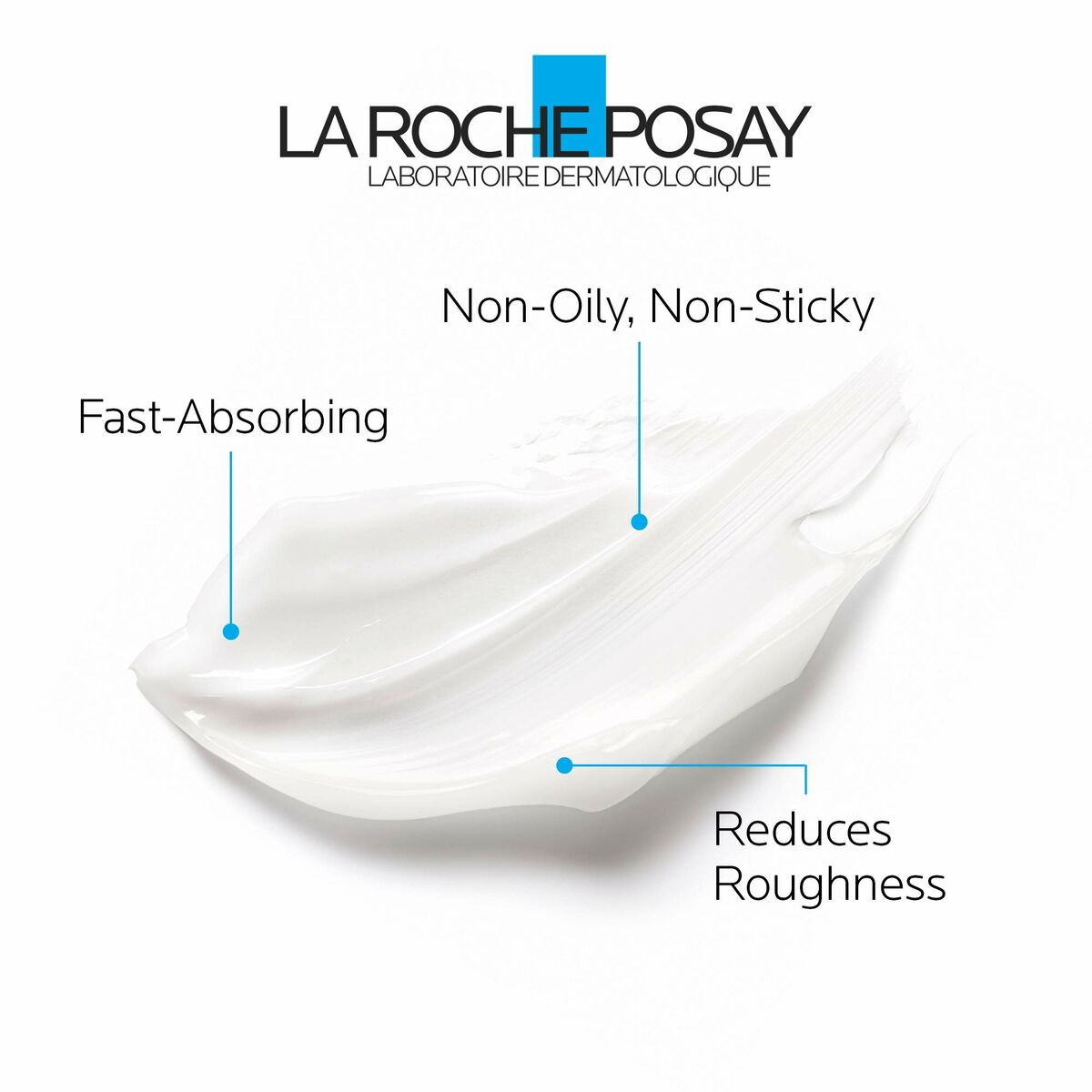 Texture of La Roche Posay Cicaplast hand lotion, showing fast-absorbing, non-oily, and roughness-reducing properties.