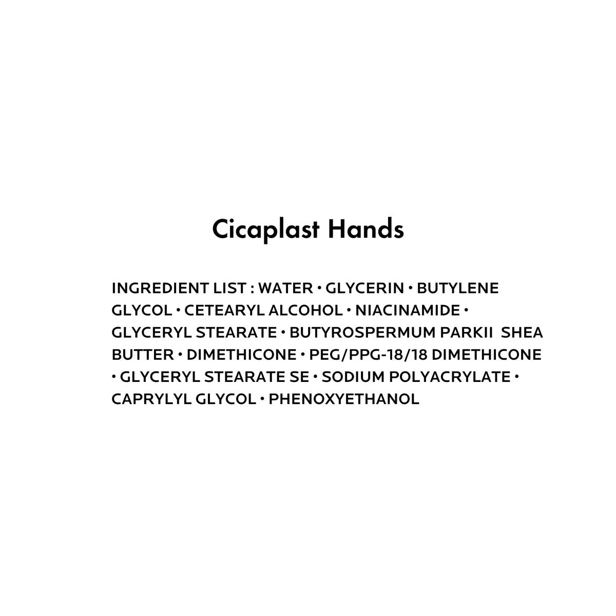 Ingredient list for La Roche Posay Cicaplast Hands lotion, featuring key components like shea butter and niacinamide.