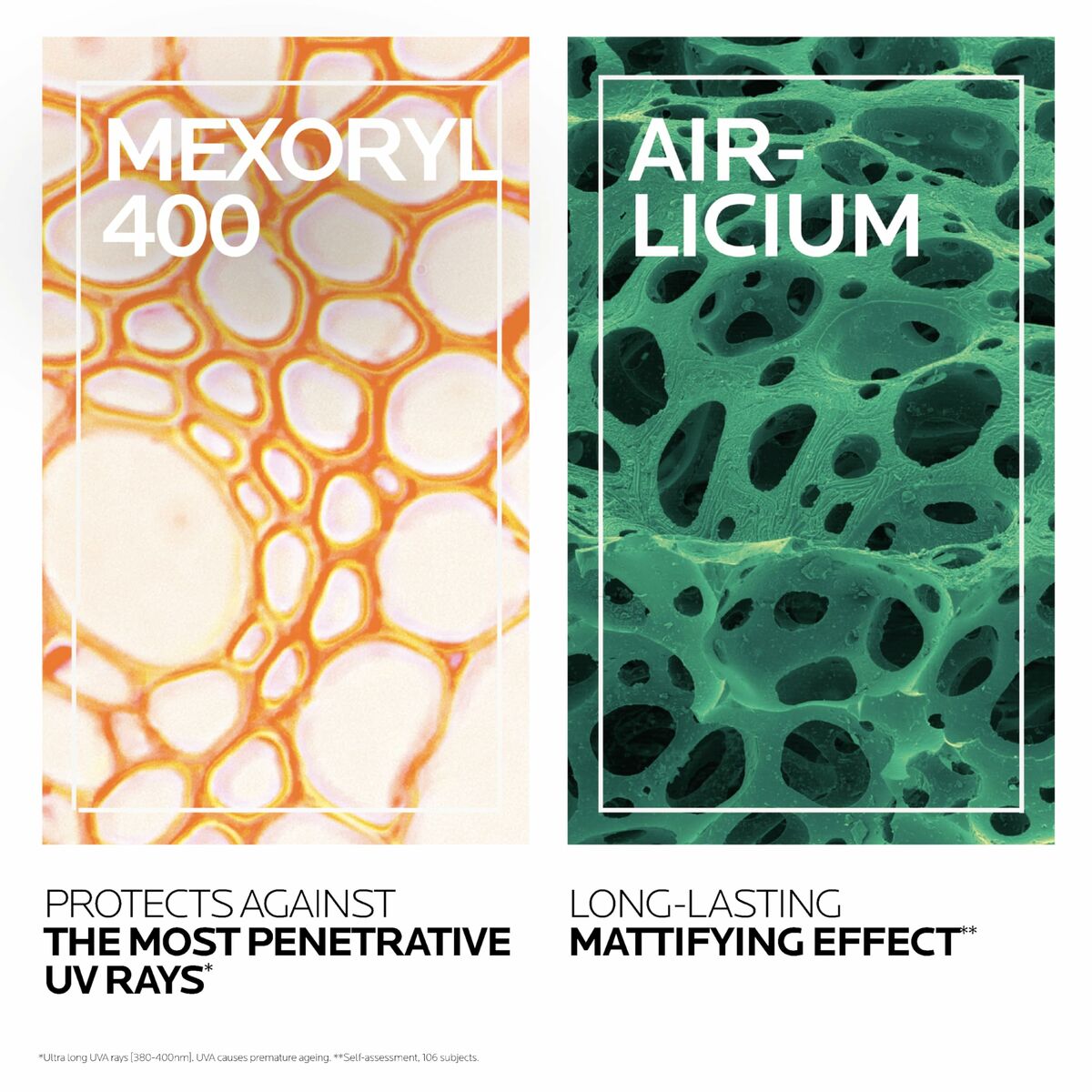 Illustration of Mexoryl 400 and Air Licium highlighting UV protection and mattifying effects in La Roche Posay sunscreen.