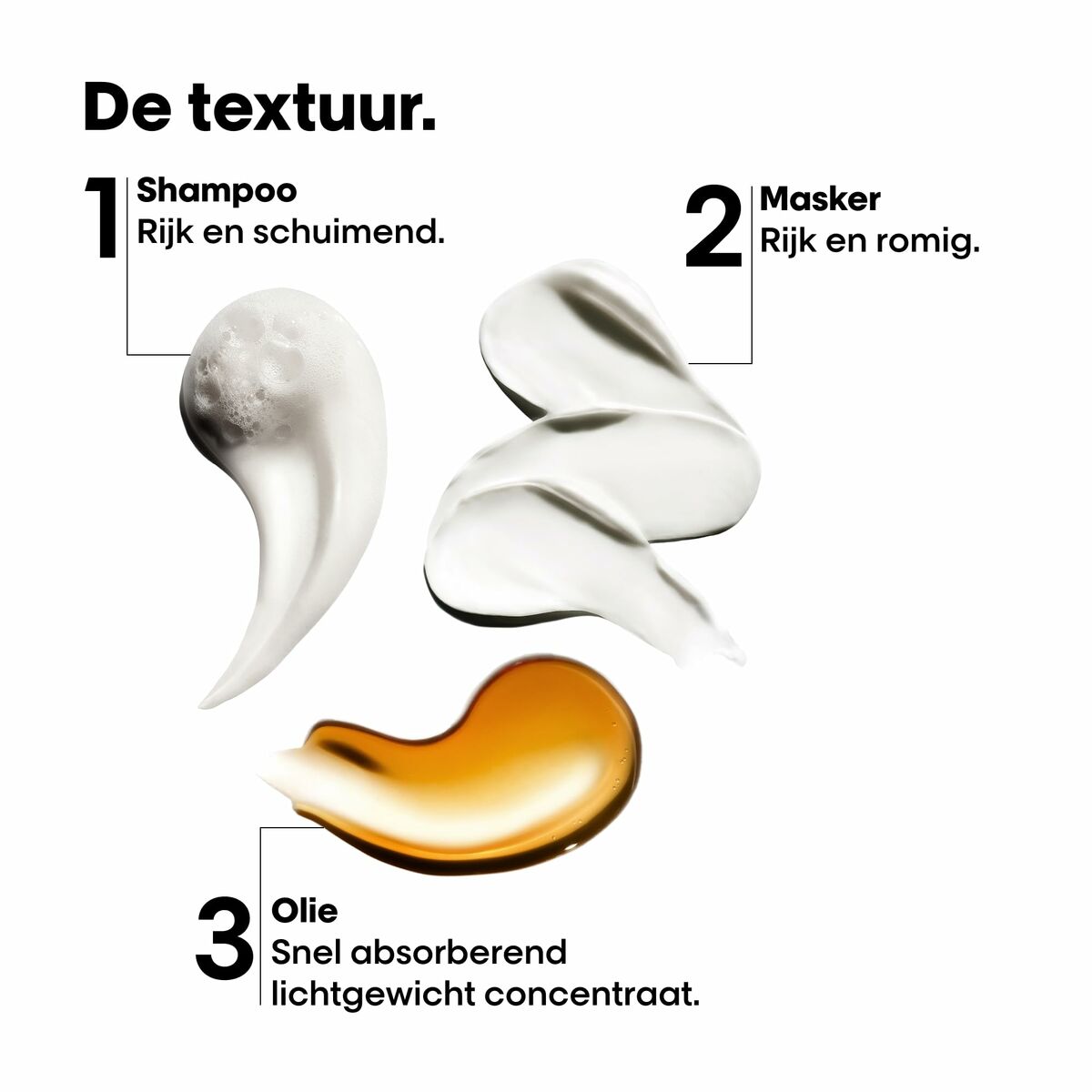 Textures of L'Oreal Professionnel METAL DETOX: rich shampoo, creamy mask, and lightweight oil for hair care.