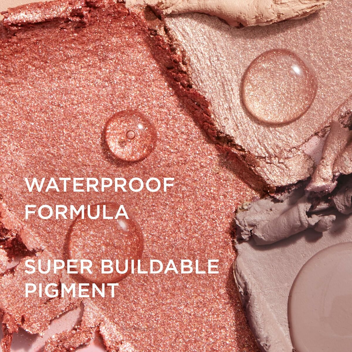 Close-up of It Cosmetics waterproof makeup formula showcasing super buildable pigments and textured shades.