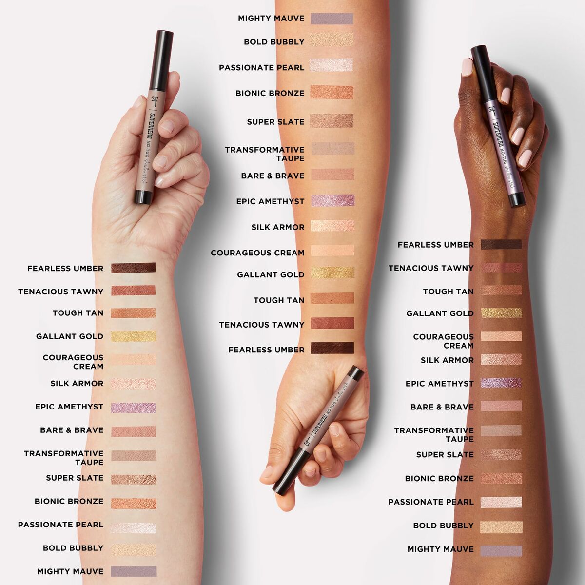 Hands showcasing various shades of It Cosmetics Correcteur facial with color names and swatches.