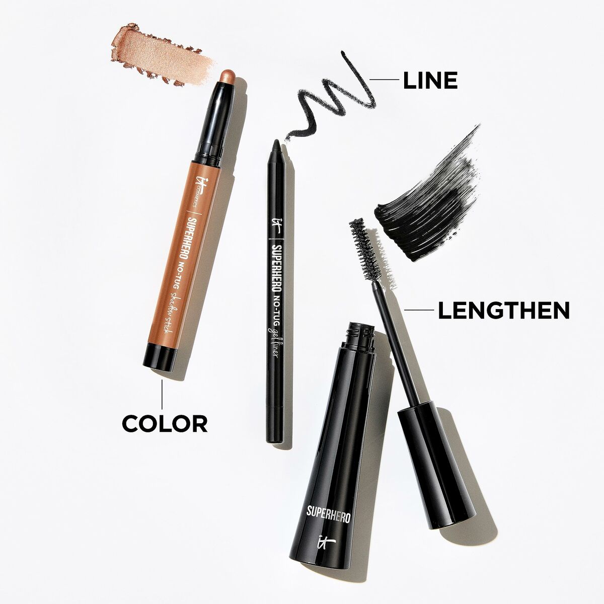 Correcteur facial It Cosmetics Superhero Tug Tough Tan stick and mascara for defining and enhancing beauty.