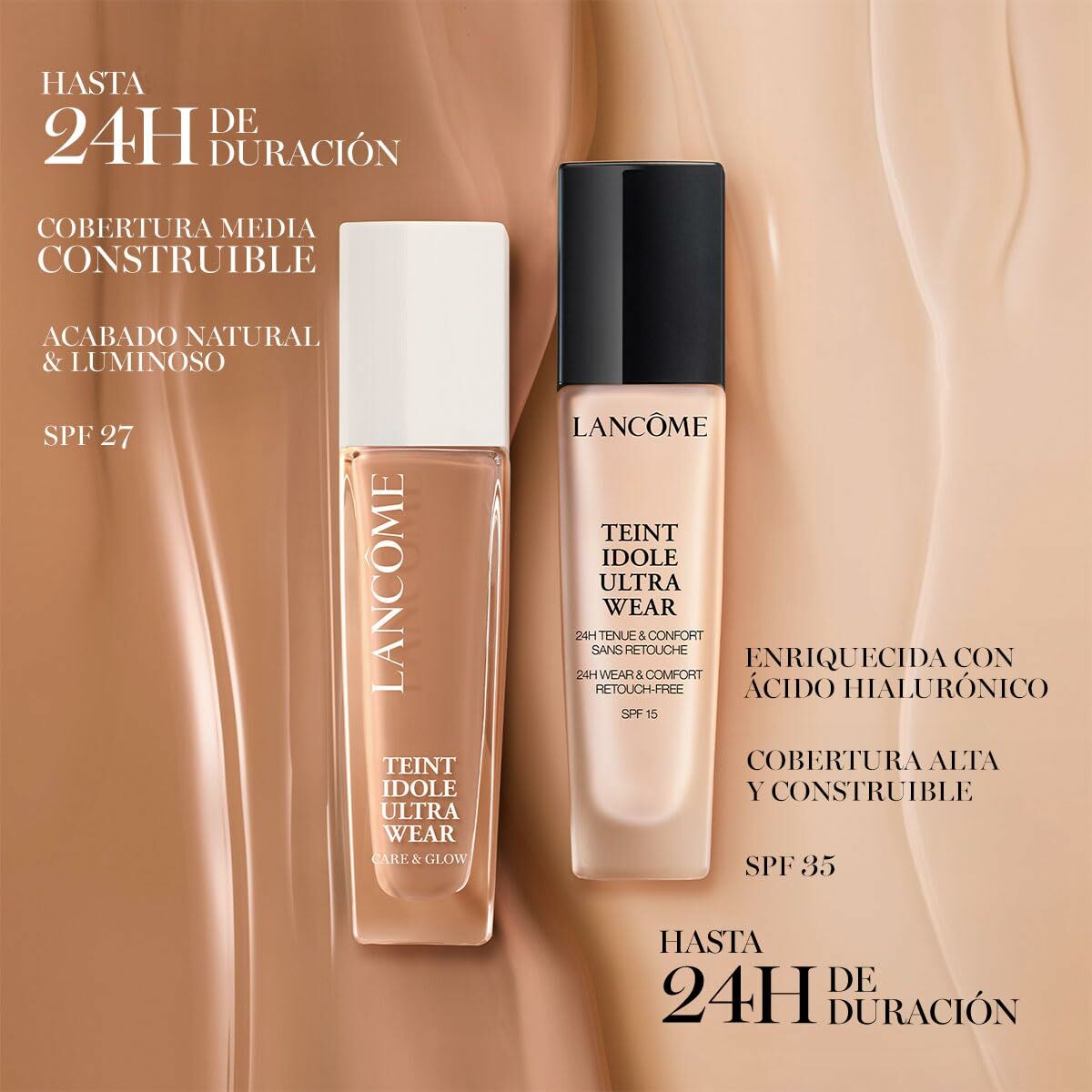 Correcteur facial Lancôme Teint Idole Ultra Wear avec 24H de tenue, disponible en finitions mate et glow, SPF 27 et 35.