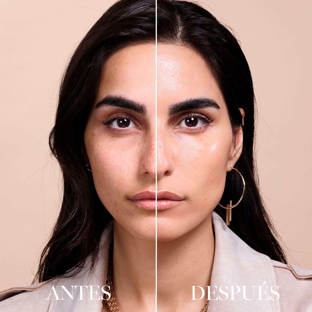 Comparison of facial correction results using Lancôme Teint Idole Ultra Wear C Nº 325c, before and after application.