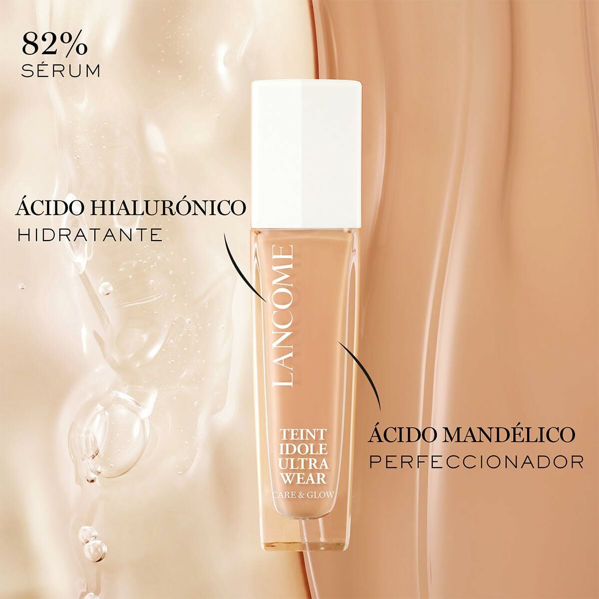 Correcteur facial Lancôme Teint Idole Ultra Wear en flacon, avec acide hyaluronique et acide mandélico.