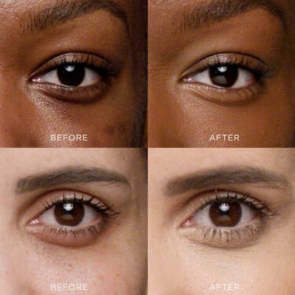 Before and after comparison of eye makeup application on diverse skin tones.