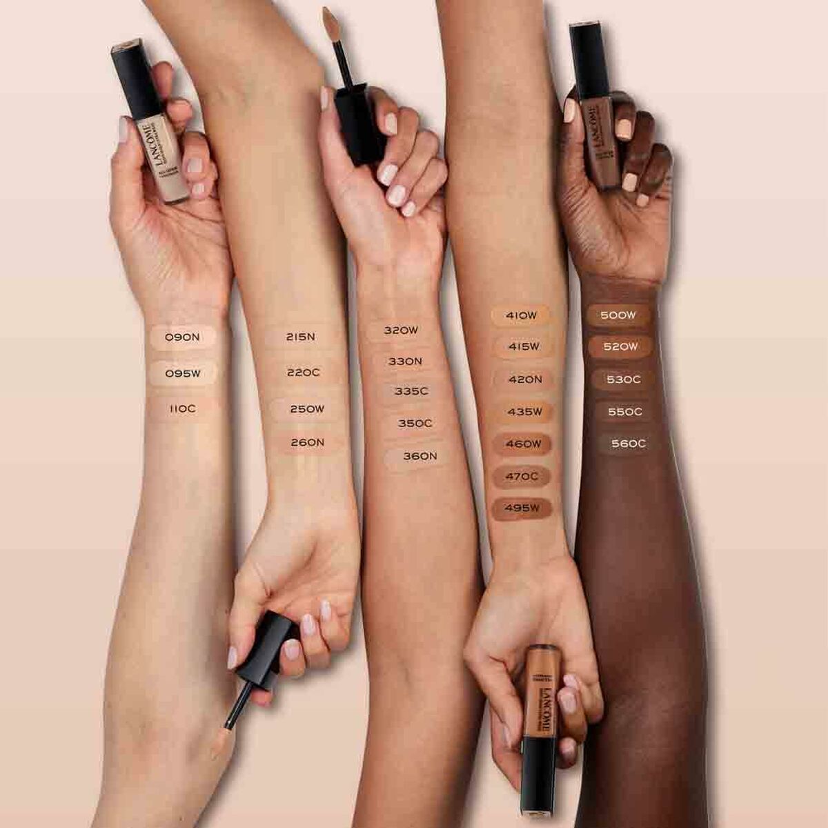 Diverse skin tones showcasing Lancôme foundation swatches and shades for inclusive beauty options.