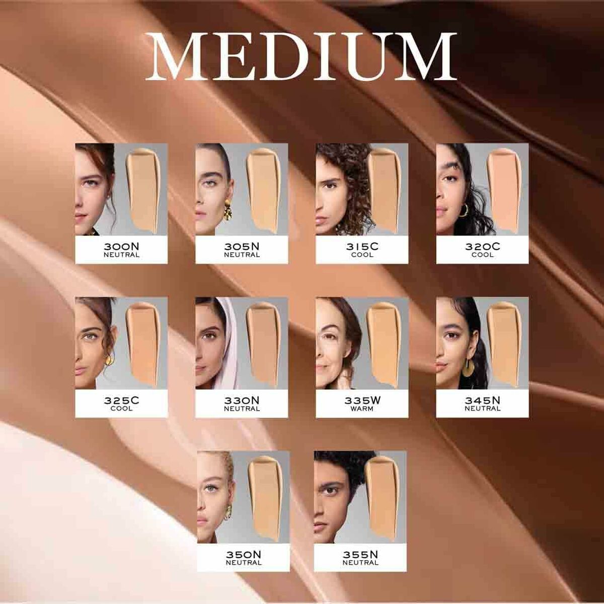 Swatches of Lancôme Teint Idole Ultra Wear foundation shades for medium skin tones, showcasing various neutral and warm options.