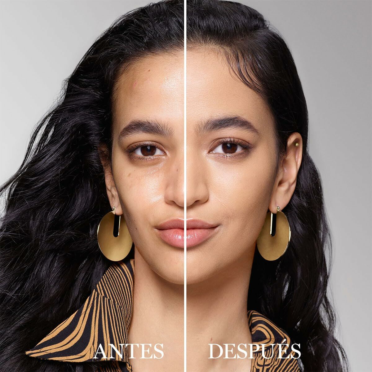 Image showing a before-and-after transformation of a woman with earrings, highlighting beauty enhancement effects.